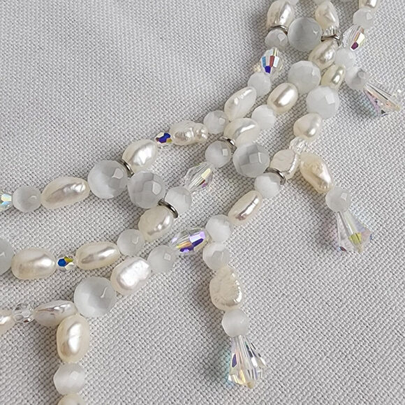 FAC Silver Pacifico AB Crystal Fresh Water Pearl Beaded Chandelier Necklace Set - Picture 4 of 15